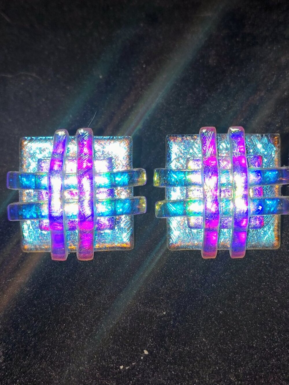 Artisan Dichroic Fused Glass Stud Earrings – Aqua/Magenta Hashtag Grid Design